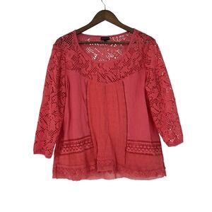Hannah Boho Pink‎ Lace 3/4 Sleeve L Career Sheer Gauze Western Coquette